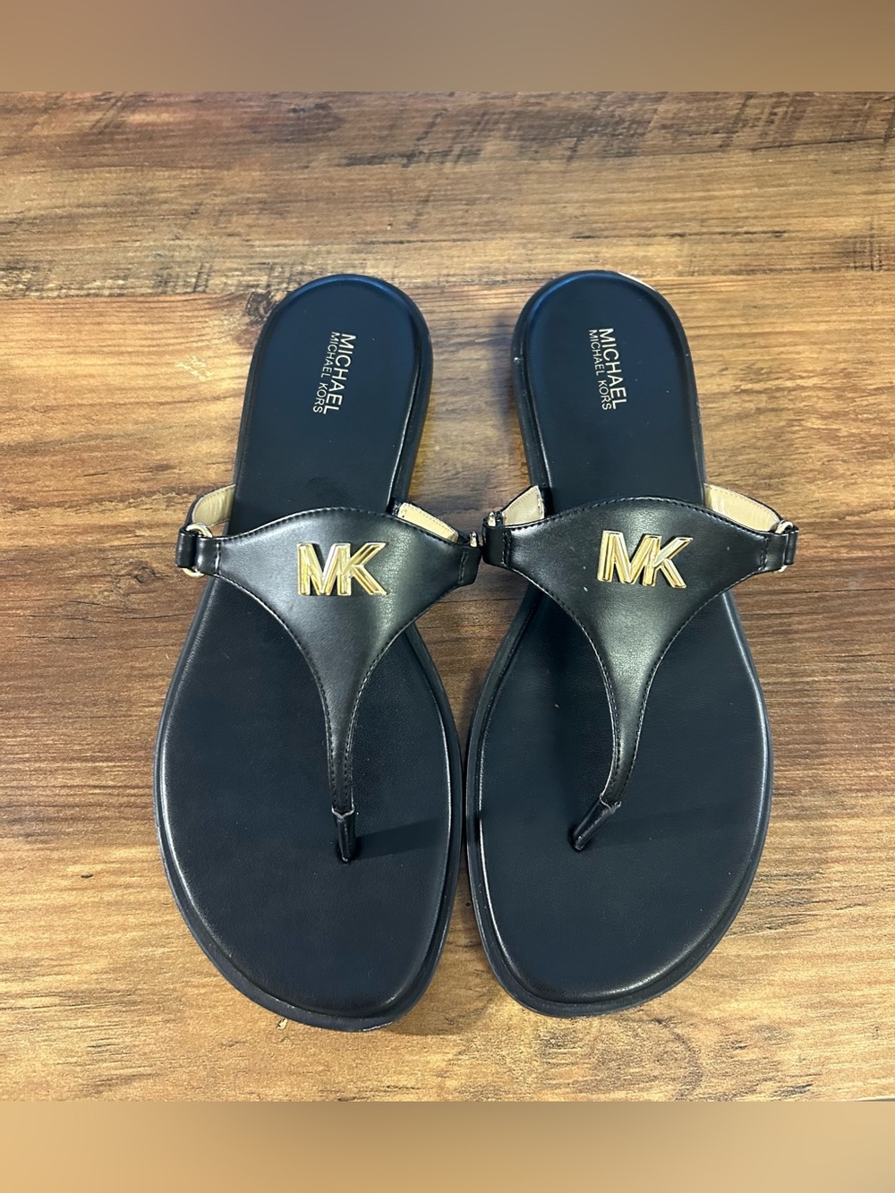 Michael Kors Black Leather Sandal with Gold MK Emblem